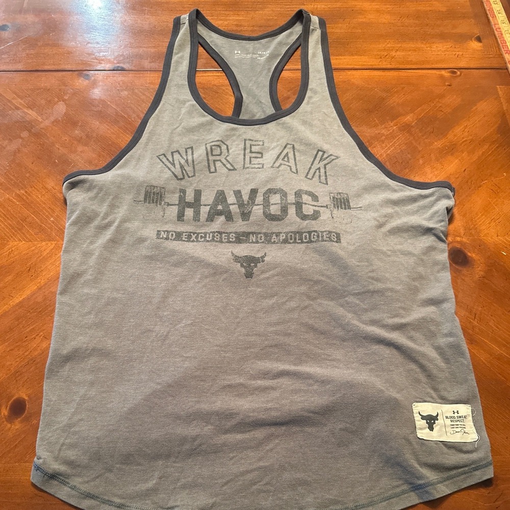 Under Armour Tank Top Mens Large Gray Excellent Project Rock Wreak Havoc Graphic
